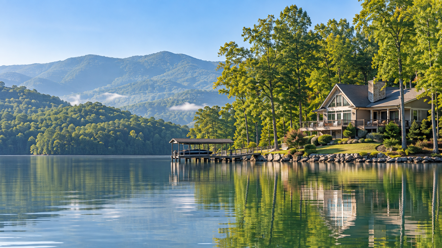 Representative lakeside home and wooded hills